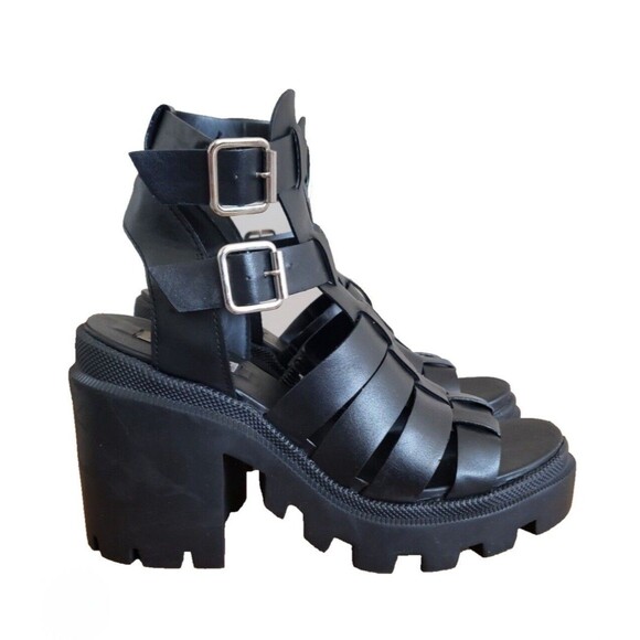 Steve Madden Cosmic Chunky Platform Sandal US 8 Black Gladiator Buckle Lug Sole - Picture 1 of 6